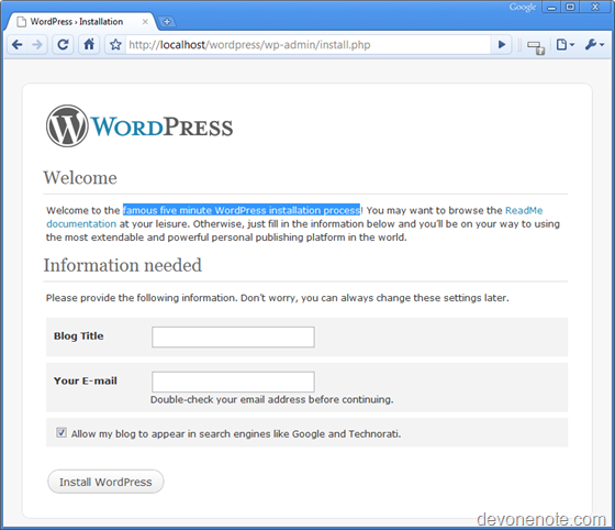 Web Platform Install WordPress homepage