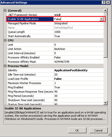 Enable 32 bit applications in IIS 7